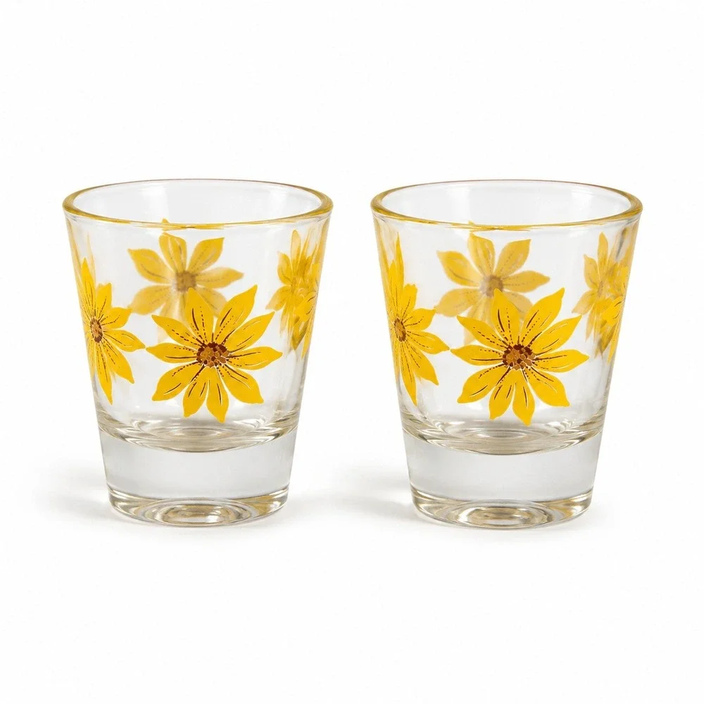 Vintage Shot Glasses Unisex OS Yellow Excellent Sunflower Floral Retro Set of 2